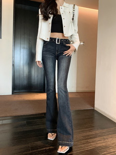 紧身长裤 东大门复古方扣腰带设计微喇叭裤 女秋季 显瘦牛仔裤 修身