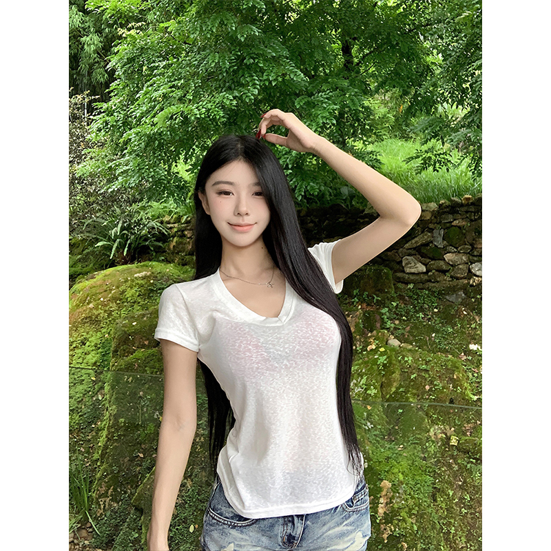 基础款纯色V领短袖T恤女装夏季薄款修身显瘦百搭上衣