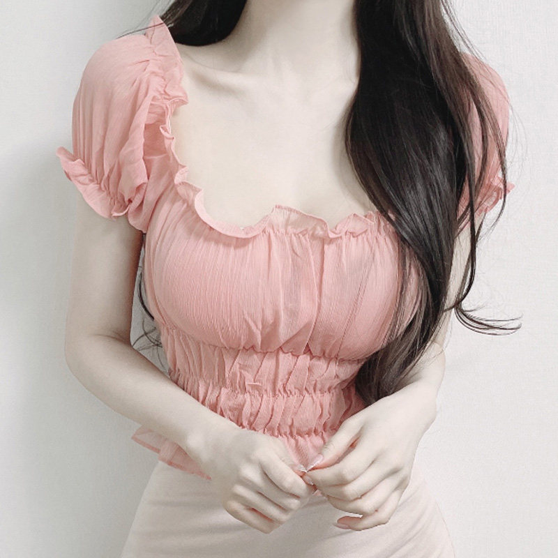 韩国东大门 甜美虾粉色性感泡泡袖露肩褶皱修身短袖雪纺衫