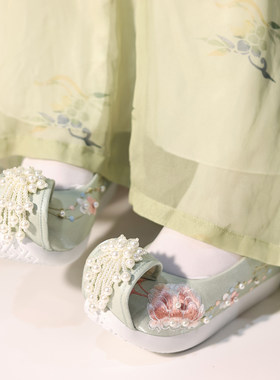 江南朱记【素央】珠珠登云履汉服鞋内增高古风布鞋超高跟7cm绣花