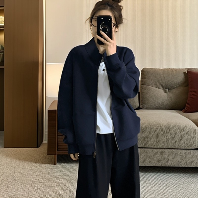 美式拉链立领开衫卫衣女大码外套