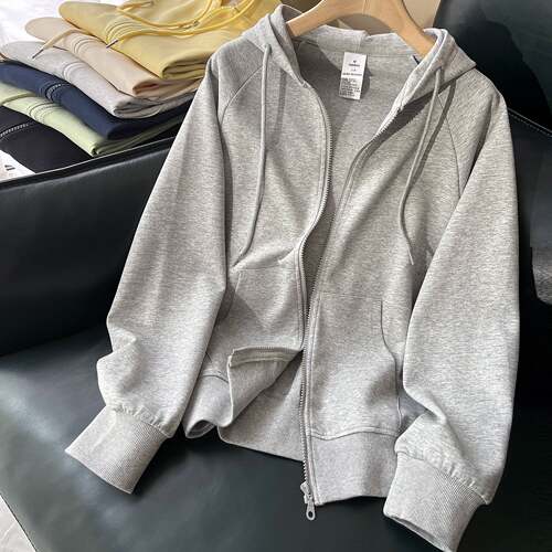 春秋灰色连帽卫衣女休闲外套女