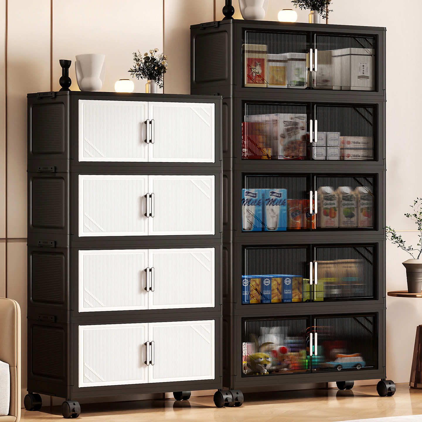 黑白免安装折叠收纳柜子客厅零食储物柜厨房置物架家用塑料收纳箱,收纳整理,收纳柜,淘宝优惠券,粉丝福利购,淘宝优惠卷