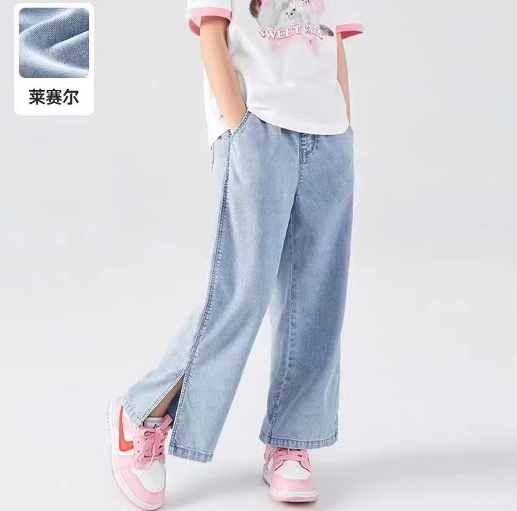 现货天丝弹力中大女童青少年亲子牛仔裤宽松春夏季薄款裤子1027