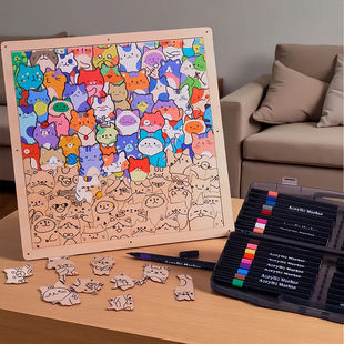 儿童猫咪涂鸦拼图猫猫拼图高难度不规则异形拼图diy手绘卡通拼图
