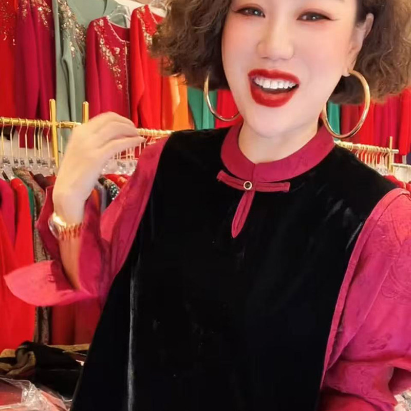 高品质!胖妈妈拼色国风盘扣上衣