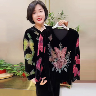 阔太太高端秋冬桑蚕丝植绒真丝绒长袖T恤衫中老年妈妈上衣打底衫