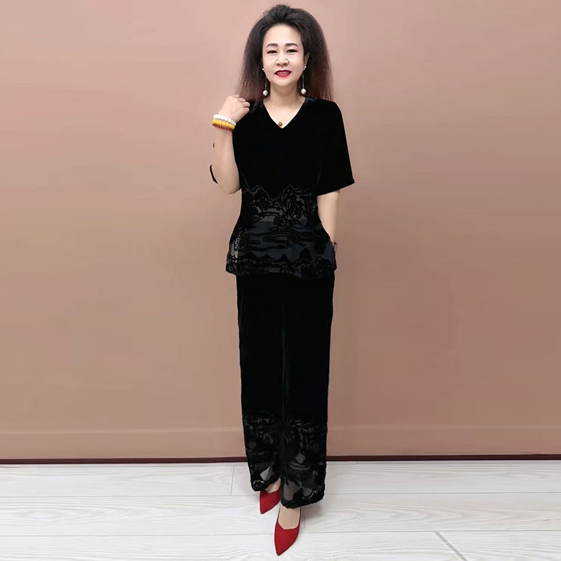 黑色V领短袖套装女2025夏季新款洋气显瘦微透大码上衣裤子两件套