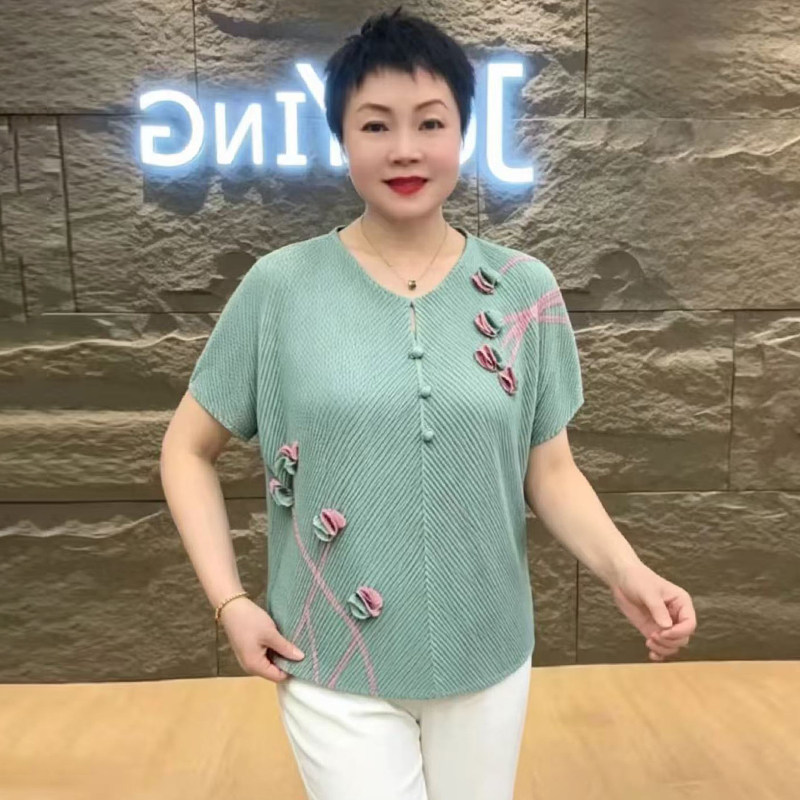 高品质!立体花朵纯色褶皱上衣女