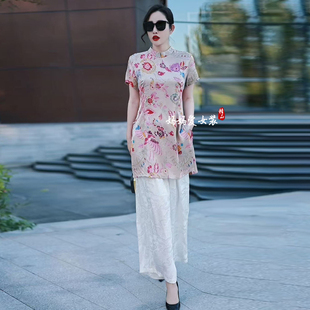 大牌国风新中式粉色立领2025夏季新款盘扣香云纱提花上衣大码套装