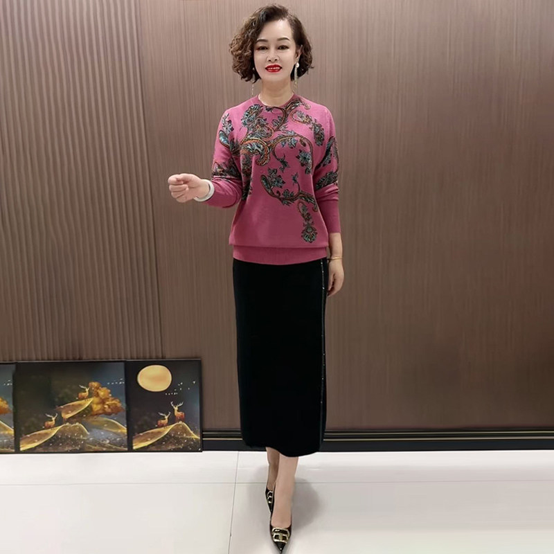 高品质!气质妈妈印花羊绒衫毛衣