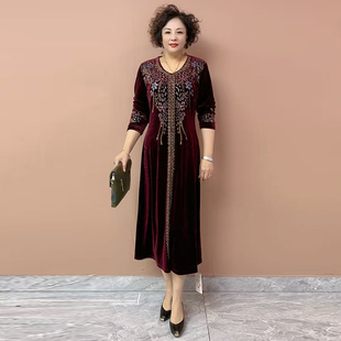 高档时尚气质中年妈妈金丝绒连衣裙春秋冬重工镶钻长款大码长裙子
