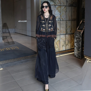 新中式国风重工刺绣马甲复古盘口裙摆拼接坎肩背心马夹阔腿裤套装