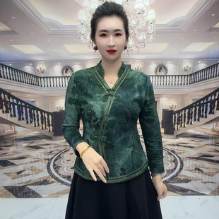 春秋新款中老年妈妈洋气旗袍衫弹力棉上衣修身长袖中式盘扣打底衫