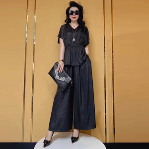 大码女装夏季短袖+裤子两件套女宽松显瘦胖mm国风新中式提花套装