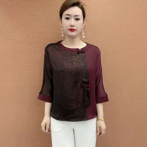 新中式小个子妈妈装洋气撞色大码真丝衬衫遮肉显瘦气质短款上衣女 - 封面