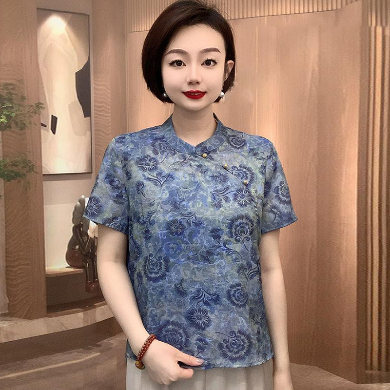 中老年妈妈浮光锦轻薄旗袍衫上衣