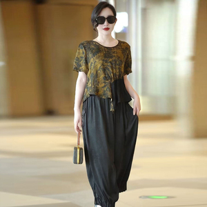 复古大码圆领短袖T恤女夏2025不规则醋酸真丝衬衫宽松百搭上衣潮