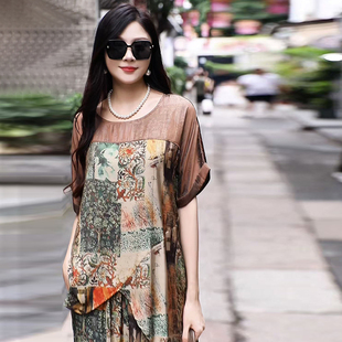 大码时尚套装女夏季胖mm洋气妈妈民族风宽松显瘦上衣萝卜裤两件套