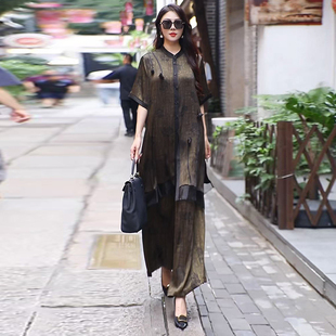 夏复古大码高级感醋酸人丝新中式长款开衫外搭宽松阔腿裤两件套装