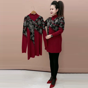 秋冬洋气高领针织大版衫宽松遮肉小个子妈妈弹力中长款打底毛衣裙