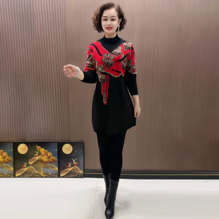 中年妈妈装时尚洋气撞色针织大版衫宽松遮肚子中长款打底毛衣裙女