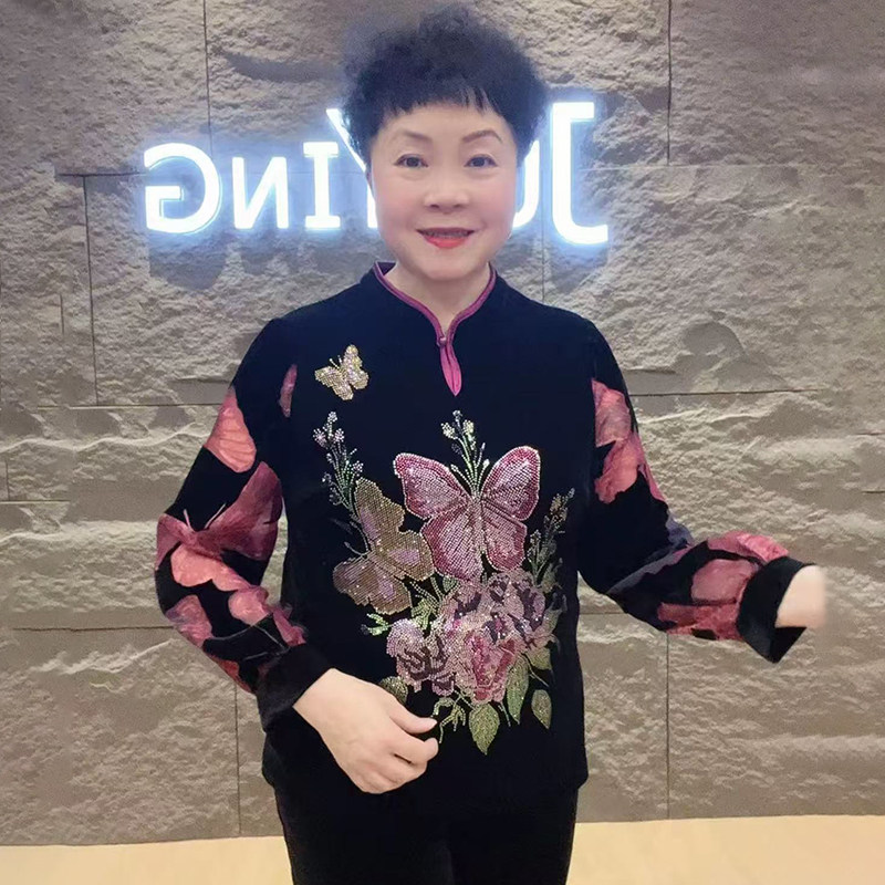重工镶钻丝绒旗袍衫高档打底衫女
