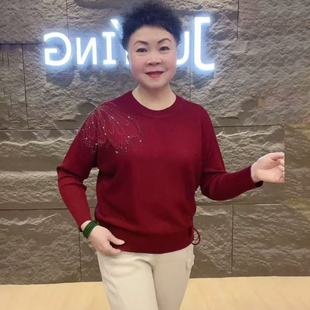 亮钻蝴蝶抽绳圆领针织衫 宽松遮肉上衣时尚 洋气百搭中老年女装 春季