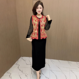 年货新款 早春圆领缎面马甲外套40岁50提花宽松遮肉显瘦马夹 妈妈装