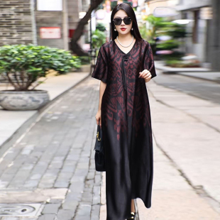 夏季 200斤减龄长裙子 中年胖妈妈遮肚显瘦连衣裙阔太太加肥加大码