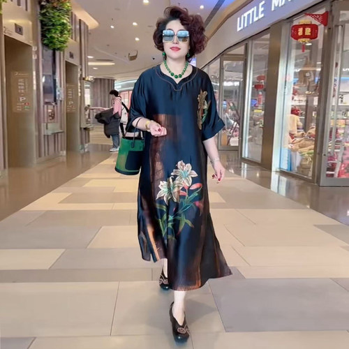 高端气质妈妈香云纱大码连衣裙