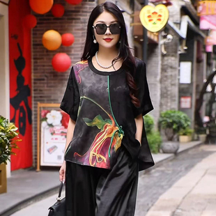 中年妈妈春装国风旗袍衫中老年女装新中式短袖上衣服夏季印花衬衫