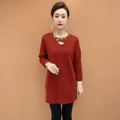 针织领口烫钻针织衫中长款打底衫