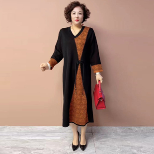春款V领针织裙洋气时尚气质中长款显瘦妈妈装女装中式连衣裙