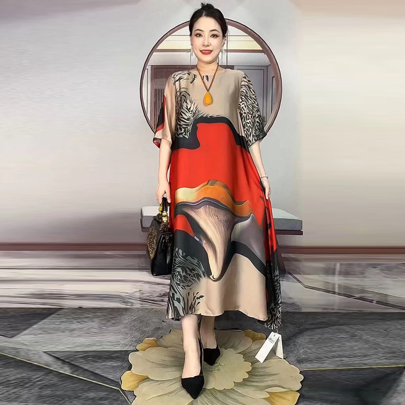夏季宽松妈妈真丝连衣裙显瘦长裙