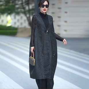 新中式坎肩裙真丝提花马甲无袖时尚百搭黑色外搭大码200斤马夹女