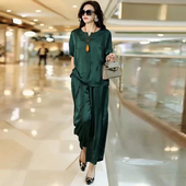 中老年妈妈夏季 两件套 宽松200斤显瘦上衣高腰阔腿裤 新款 真丝套裤