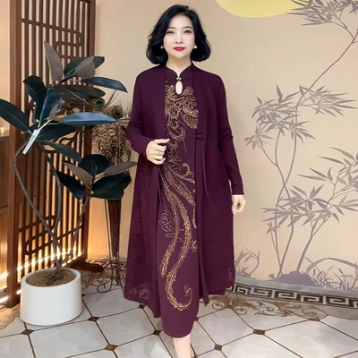 高档气质妈妈重工烫钻连衣裙套装