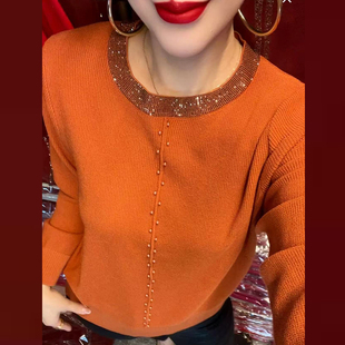 新款长袖百搭纯色显瘦套头打底衫女时尚银边圆领竖排钉珠针织上衣