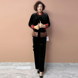 春季盘扣拼接丝绒中式马甲遮肉显瘦坎肩休闲时尚洋气中年妈妈套装