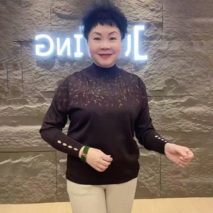 大码 2025春季 宽松时尚 中老年妈妈冰麻衫 纯色减龄重工烫钻毛衣 新款