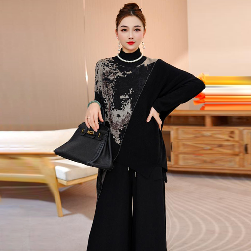 高品质！时尚半高领针织上衣套装