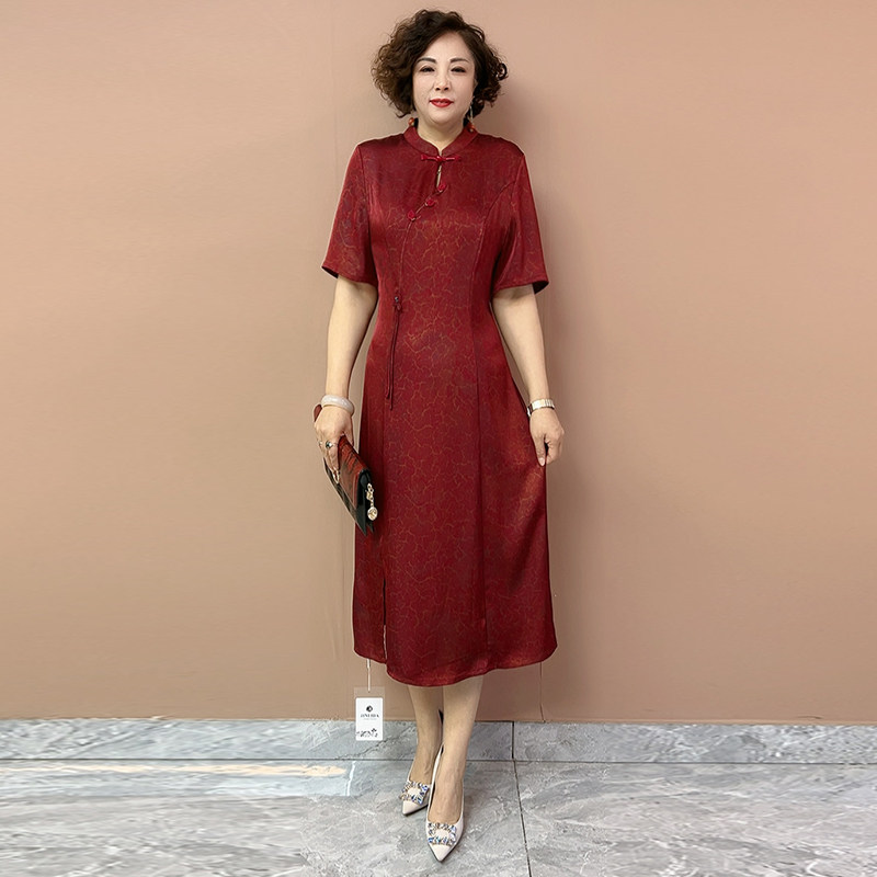 贵夫人醋酸连衣裙女夏季新中式旗袍中老年妈妈婚宴礼服精致长裙子