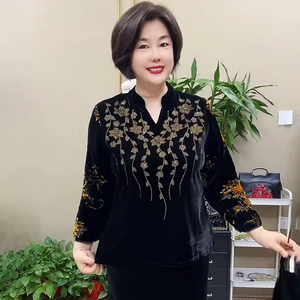 秋冬中老年丝绒洋气烫钻烧花大码宽松遮肉妈妈装上衣气质长袖小衫