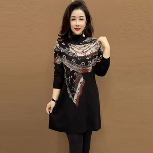 秋冬新款中长款针织连衣裙女时尚洋气宽松显瘦加厚拼色打底毛衣裙