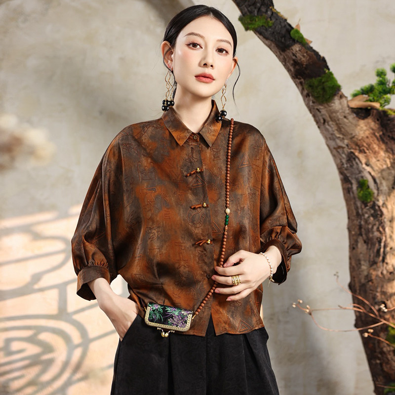 高品质!大码真丝翻领衬衫外套女