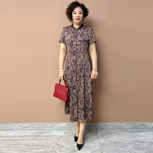 碎花真丝连衣裙新中式妈妈长裙子