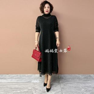 秋冬新款连衣裙高档弹力显瘦高领百搭黑色长裙A版星空网纱遮肉裙