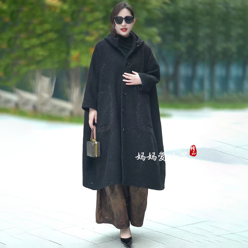 高品质！宽松长款连帽羊毛大衣女