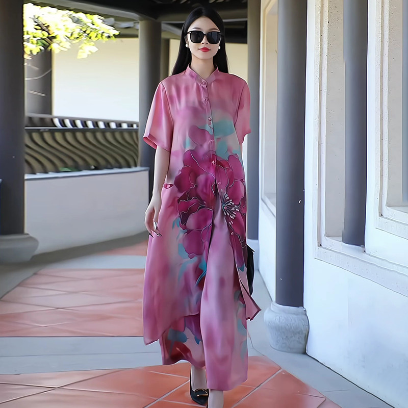夏季新款大码复古新中式国风印花天丝开衫外搭宽松阔腿裤两件套装